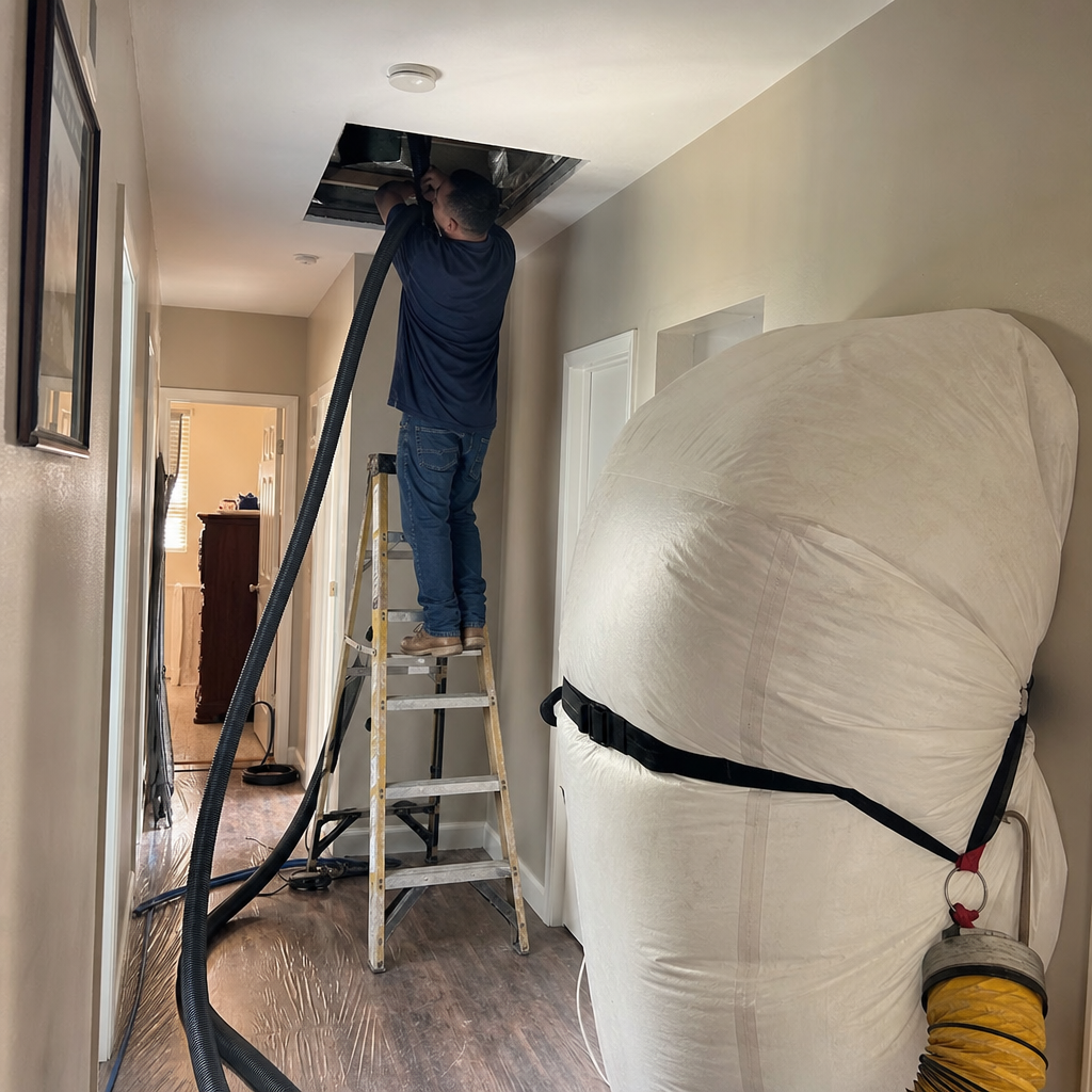 Technician performing professional residential air duct cleaning service with vacuum equipment
