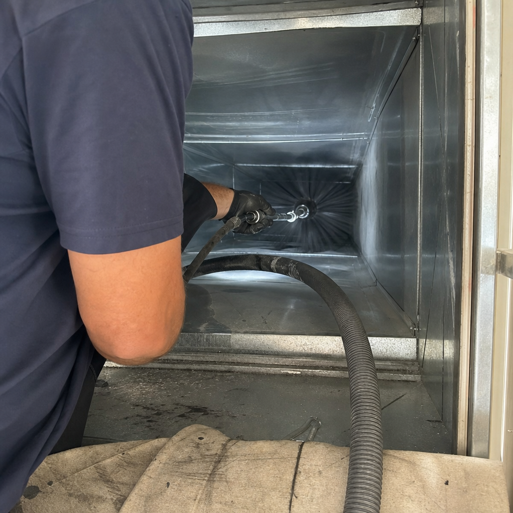 Technician using a rotating brush for professional air duct cleaning services