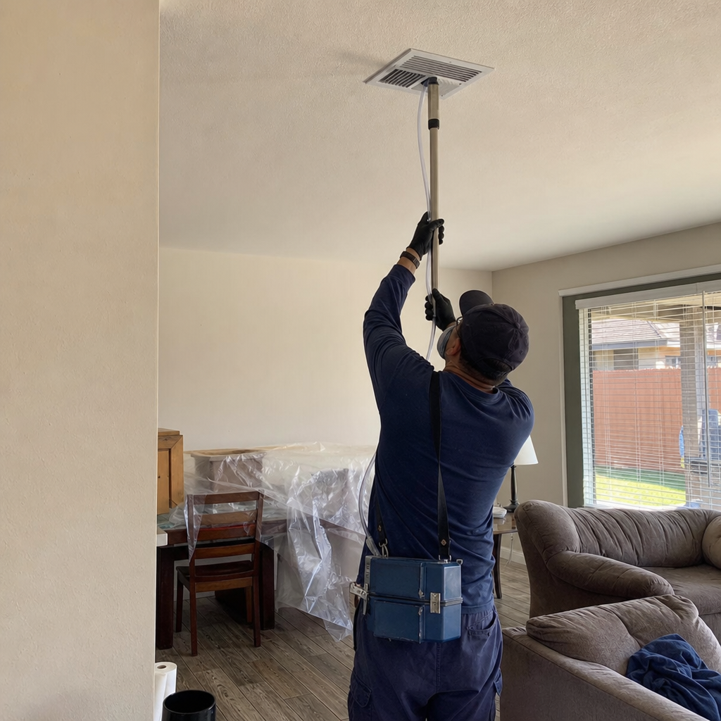 Technician performing professional air quality sanitizing of a residential ceiling vent