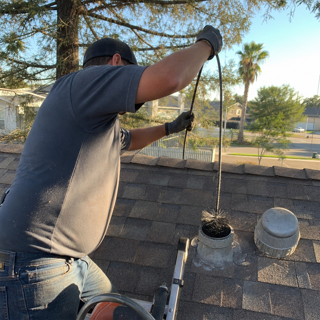 Technician performing professional dryer vent cleaning from the roof