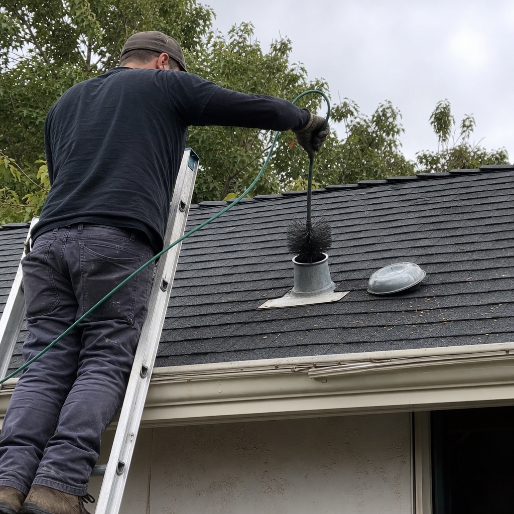 Professional technician performing residential dryer vent cleaning on a roof