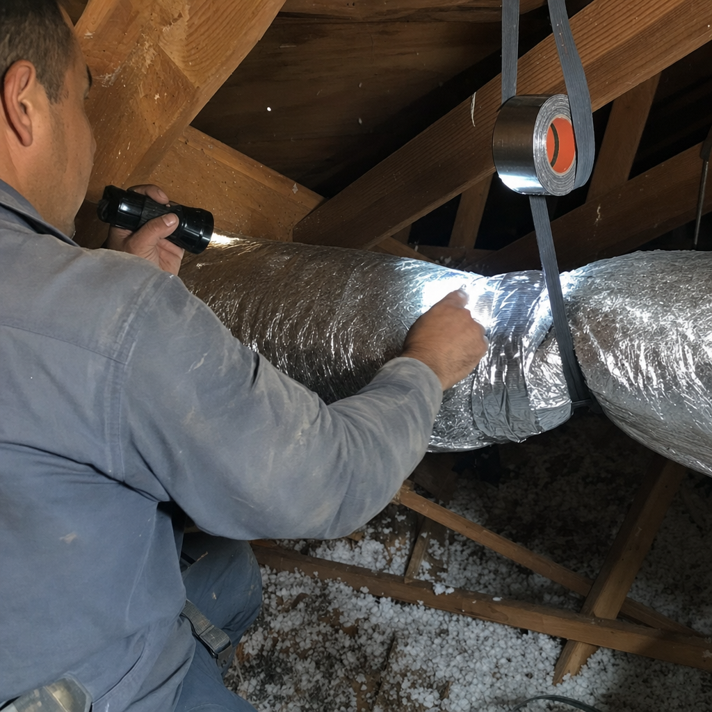 Technician performing professional air duct repair and sealing in an attic.