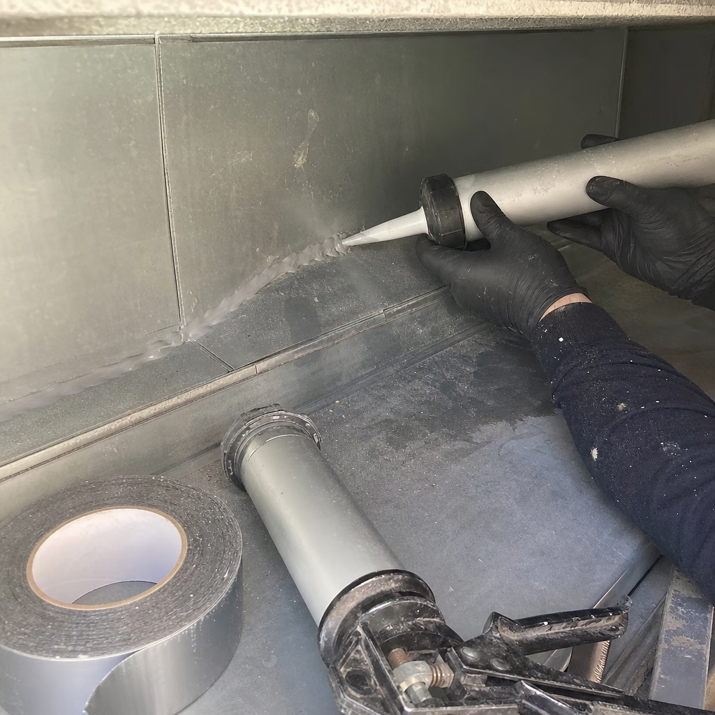 Professional technician applying sealant to repair metallic air duct seams