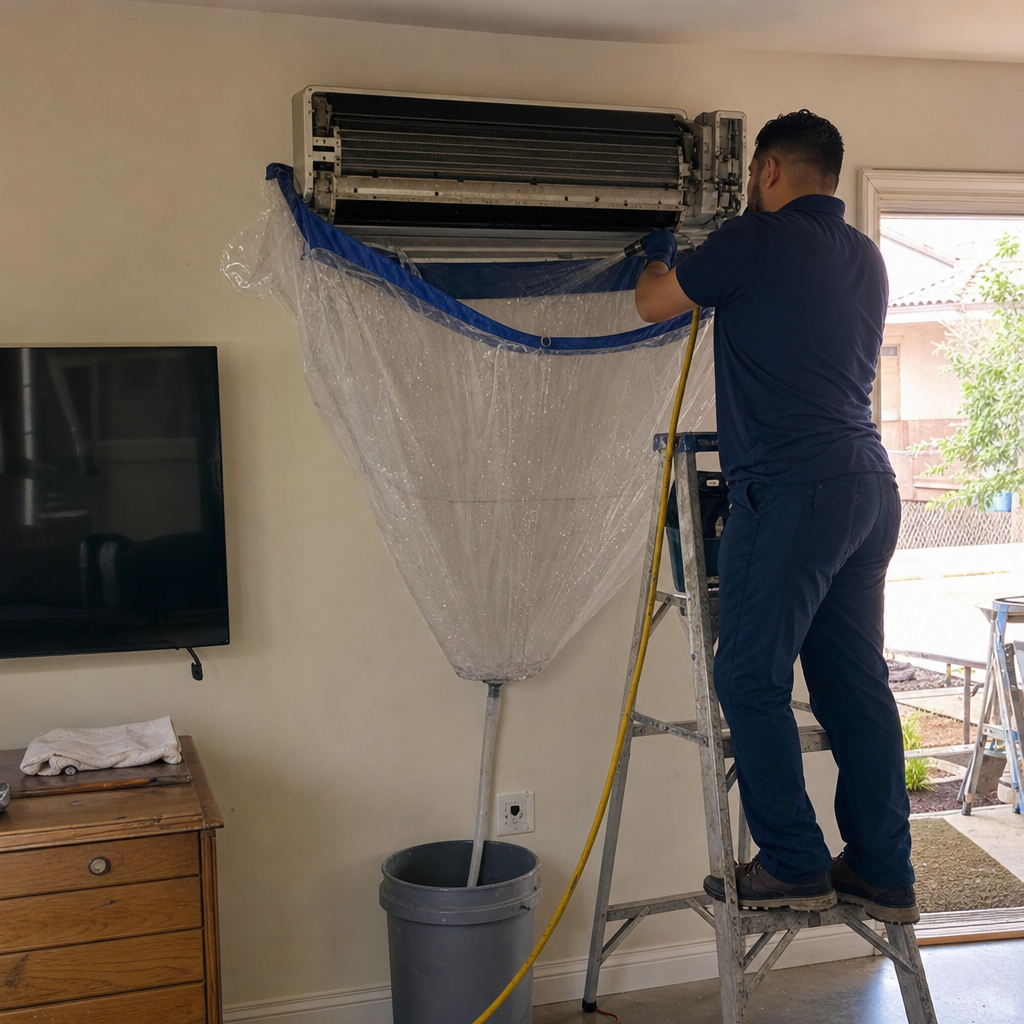 Technician performing professional HVAC unit cleaning and maintenance