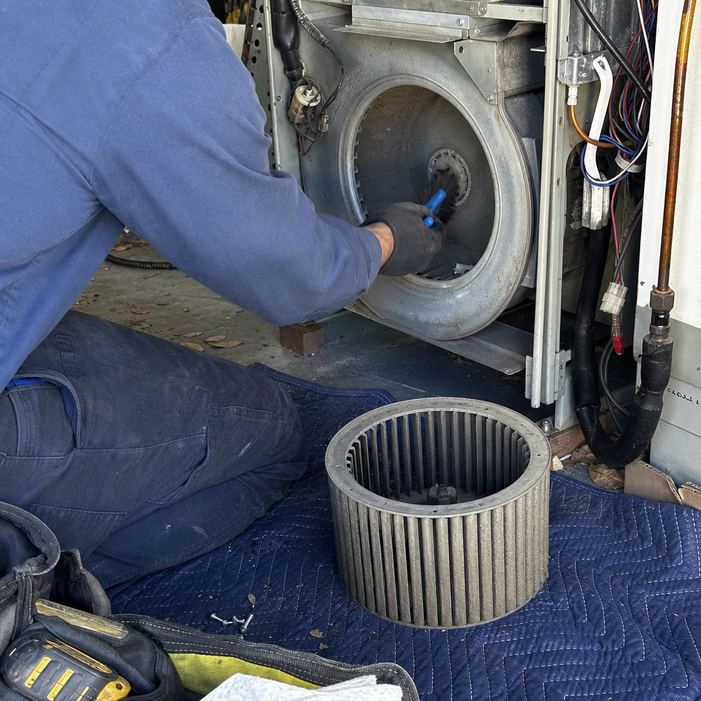 Technician performing professional HVAC blower motor and duct cleaning service