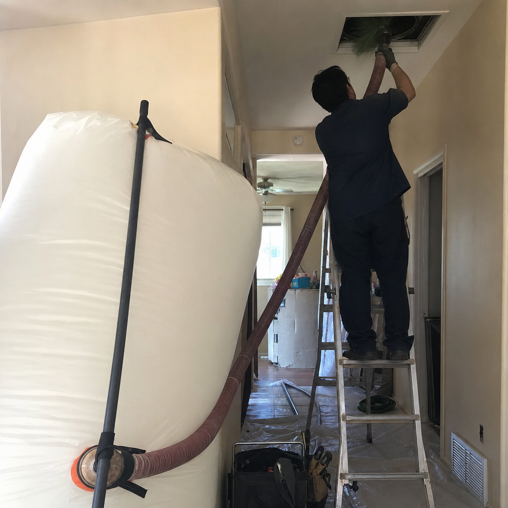 Professional air duct cleaning technician servicing a residential ceiling ventilation system