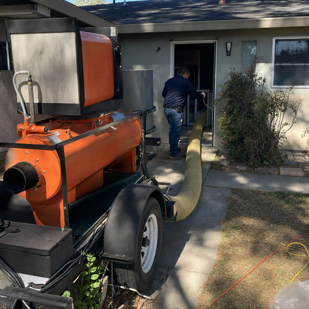 Technician using professional air duct cleaning equipment at a residence