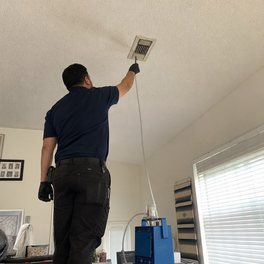 Technician performing professional air duct cleaning and sanitizing service in Fresno, CA