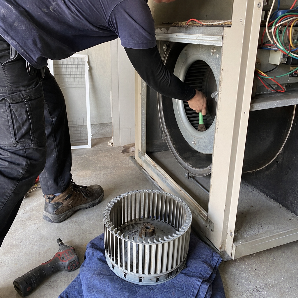 Technician performing professional HVAC blower motor and air duct cleaning service
